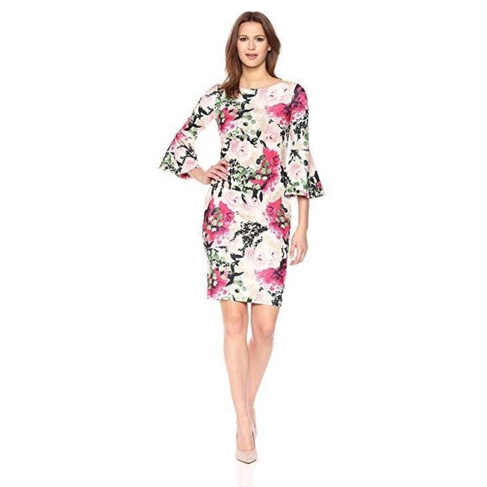 Calvin Klein Floral Bell Sleeve Sheath Dress Pink Size 4 Knee Length Red